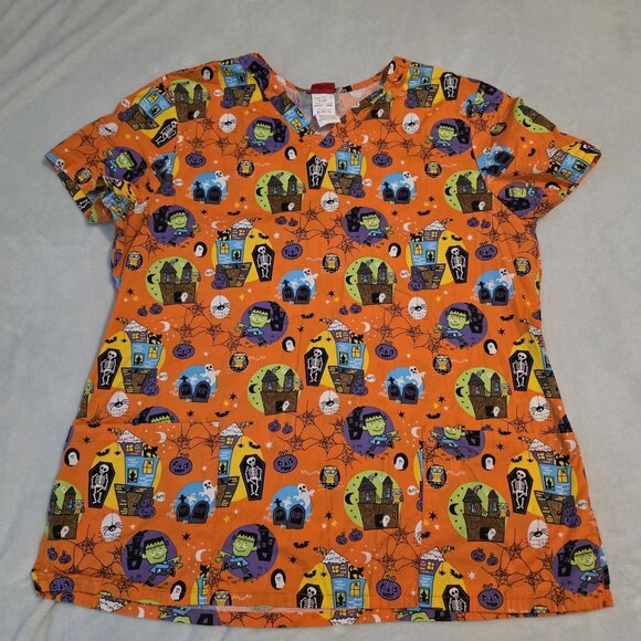Halloween Dickies Womens Scrub‎ Top XL Pumpkin Frankenstein Ghost Haunted House - Picture 1 of 15